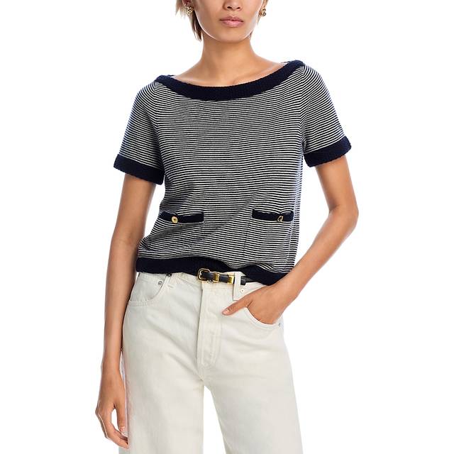 The Cashmere Boat-Neck Short-Sleeve Sweater - NAVY MULTI - Small