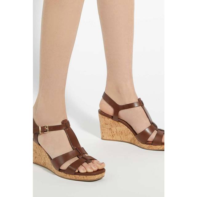 Dune London Kastro Wide Fit Leather Wedge Sandals, Brown