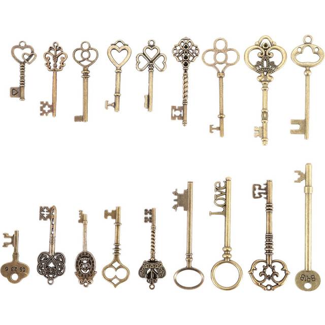 Set Of 18 Antique Vintage Old Look Bronze Skeleton Key Heart Bow Lock Pendant