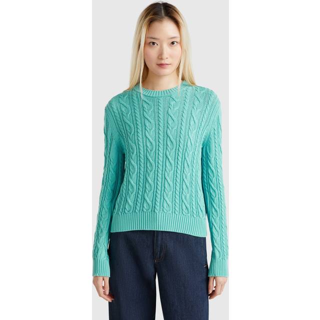 Benetton, 100% Cotton Sweater With Cables, size M, Aqua, Women