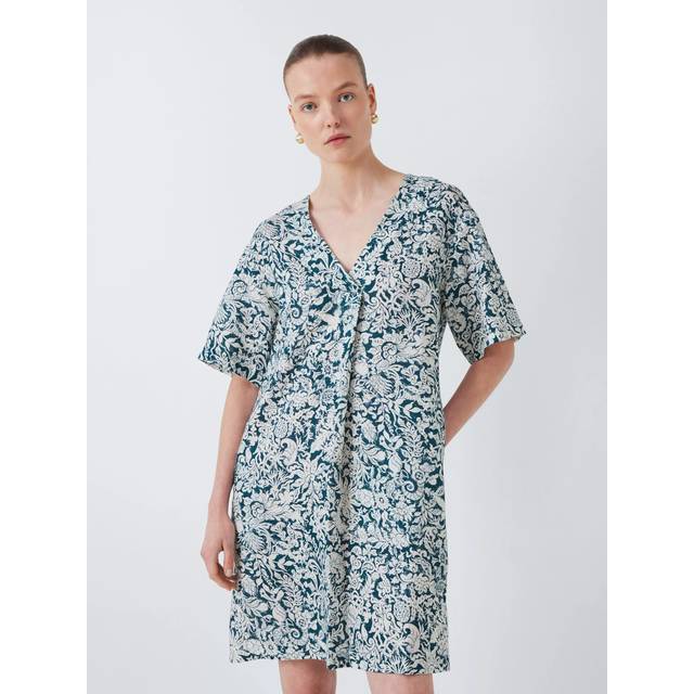 John Lewis Linen Floral V-Neck Tunic Dress, Blue