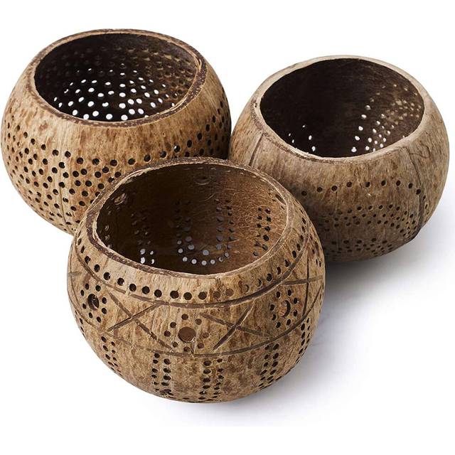 Coconut Shell Wood Candle Holders (Set of 3) with Scented