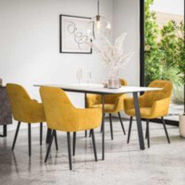 (Mustard) Haydon Extending Marble Effect Dining Table Set w 4-6 Anika Velvet Chairs