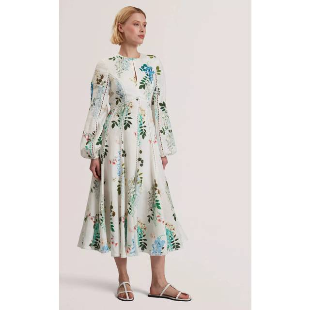Ted Baker Utala Floral Print Trim Detail Linen Midi Dress, White/Multi