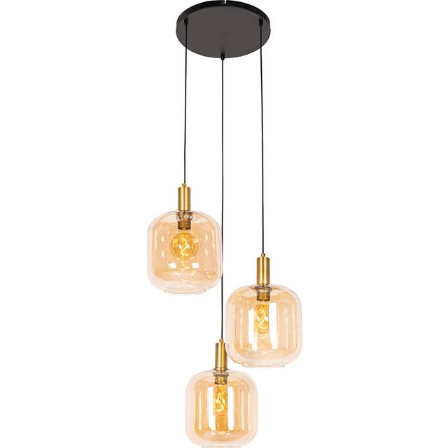Qazqa - Smart Pendant Lamp Black with Brass and Amber Glass 3-Lights Incl. 3 Wifi G95 - Zuzanna