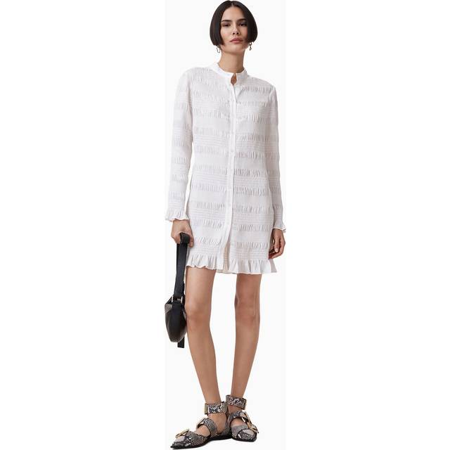Meg Shirred Mini Dress - White - Founded in London in 1994, AllSaints has been crafting iconic leather pieces for decades. As well as statement jackets, biker boots, and accessories, the brand’s everyday items offer a dose of attitude with distressed detailing, daring prints and the signature Ramskull logo.
