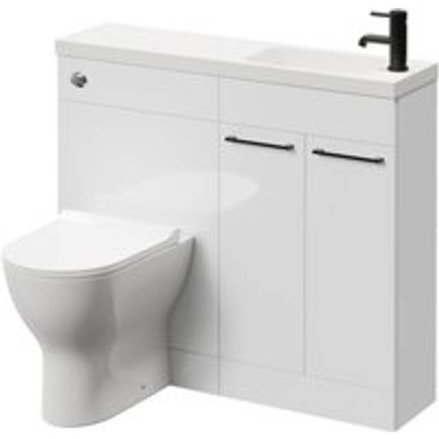 Napoli Combination Vanity Unit Toilet Suite with Slimline 1 Tap Hole Round Basin and 2 Doors with Matt Black Handles | Gloss White | Plastic | 1000mm