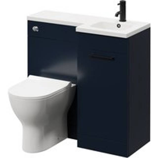 Napoli Combination Vanity Unit Toilet Suite with Right Hand L Shaped 1 Tap Hole Round Basin and Single Door with Matt Black Handle | Deep Blue | ABS Polished Chrome | 900mm