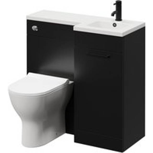 Napoli Combination Vanity Unit Toilet Suite with Right Hand L Shaped 1 Tap Hole Round Basin and Single Door with Handle | Matt Black | ABS Polished Chrome | 900mm
