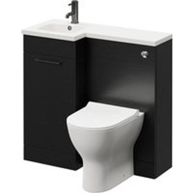 Napoli Combination Vanity Unit Toilet Suite with Left Hand L Shaped 1 Tap Hole Round Basin and Single Door with Gunmetal Grey Handle | Tobacco Oak | Plastic | 900mm