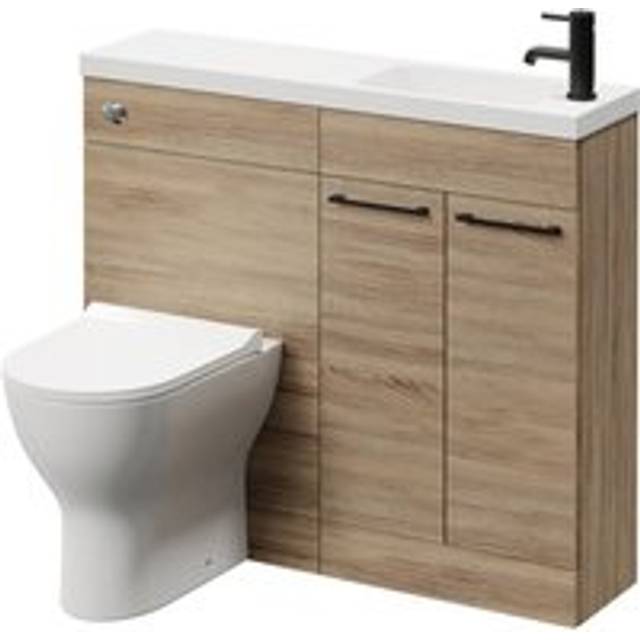 Napoli Combination Vanity Unit Toilet Suite with Slimline 1 Tap Hole Round Basin and 2 Doors with Matt Black Handles | Bordalino Oak | ABS Polished Chrome | 1000mm
