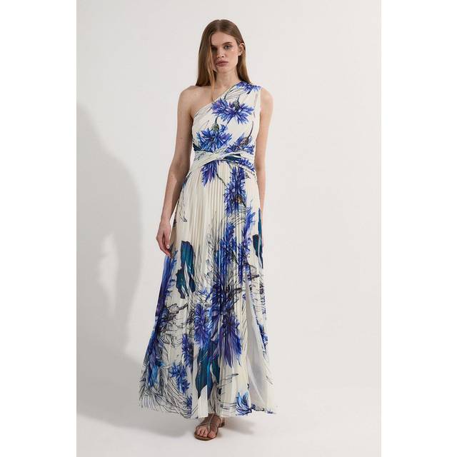 Floral Pleated Crinkle One Shoulder Woven Maxi Dress - Blue - 14