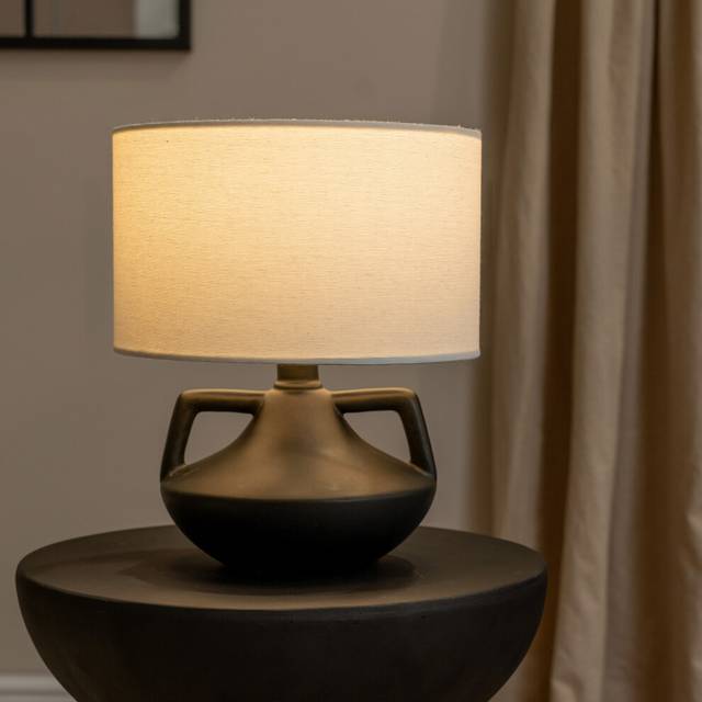 Zoe Linen Drum Lamp Shade Matte Black Ceramic Vase Table Lamp with LED Bulb - One Size