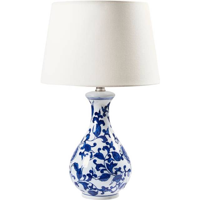 Beliani - Stylish Table Lamp with a Floral Patten Porcelain Base Linen Drum Shade Lighting White and Blue Carmen