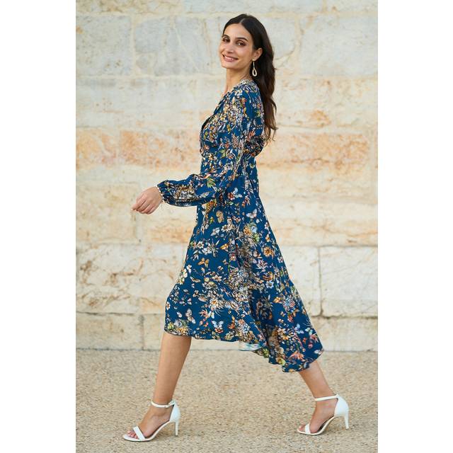 Yumi Blue Butterly Floral Tie Knot Front Long Sleeve Midi Dress - Size 16 UK - Yumi