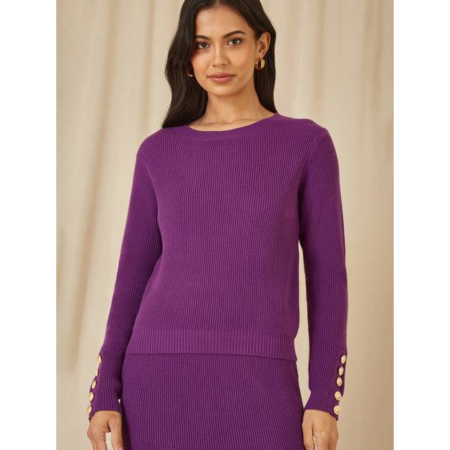 Yumi Womens Purple Rib Knitted Jumper With Sleeve Button Detail viscose - Size Medium