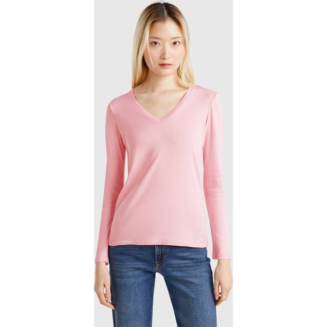 Benetton, Long Sleeve T-shirt With V-neck, size L, Pink, Women