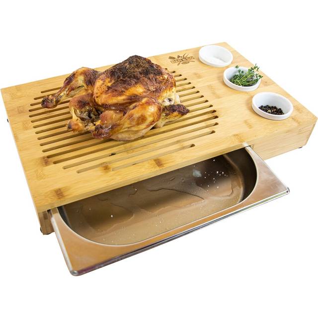 Dan&Co Unique Bamboo Meat Carving Board with Drip Tray and 3 Dipping Pots | 48cm Large Wooden Chopping Board for Kitchen for Preparing, Cutting,