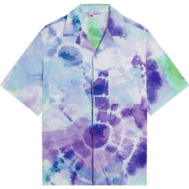 Li-Ning Summer Party Tie-Dye Logo Print Button-Down Collar Short Sleeve Shirt Men Tops Rhodamine-Purple ASHS889-1 S