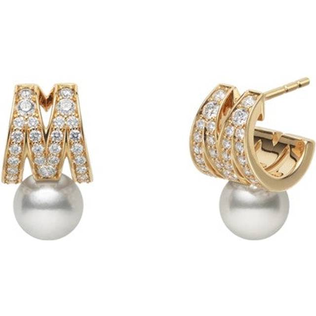 Mikimoto 18ct Yellow Gold Akoya Cultured Pearl & Diamond M Signature Earrings