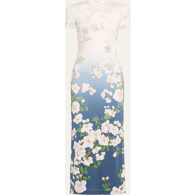 Short-Sleeve Cherry Blossom Jersey Ankle Dress - WHT NAVY OMBRE - 10