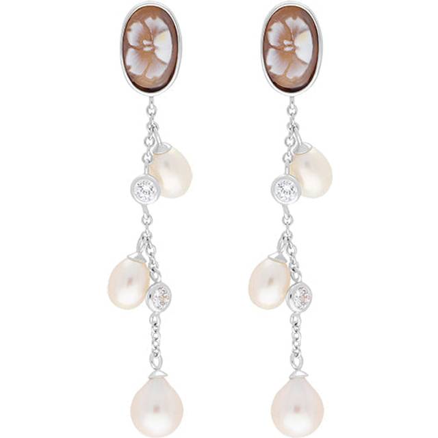 Sterling Silver Cubic Zirconia Pearl Cameo Oval Flower Drop Earrings D