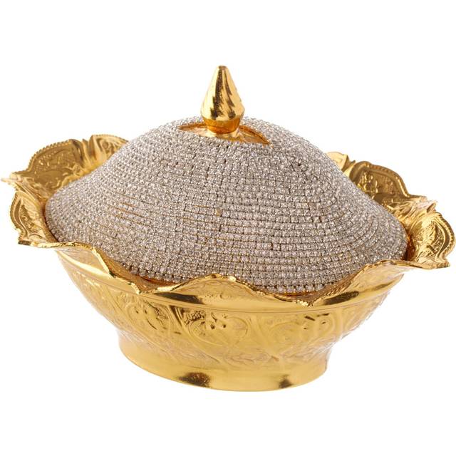 DEMMEX Crystal-Coated Fancy Sugar, Candy, Chocolate, or Turkish Delight Bowl with Lid and Spoon, Luxury Elegant Gold Sugar Dish, 6x4 Inches, 10 oz