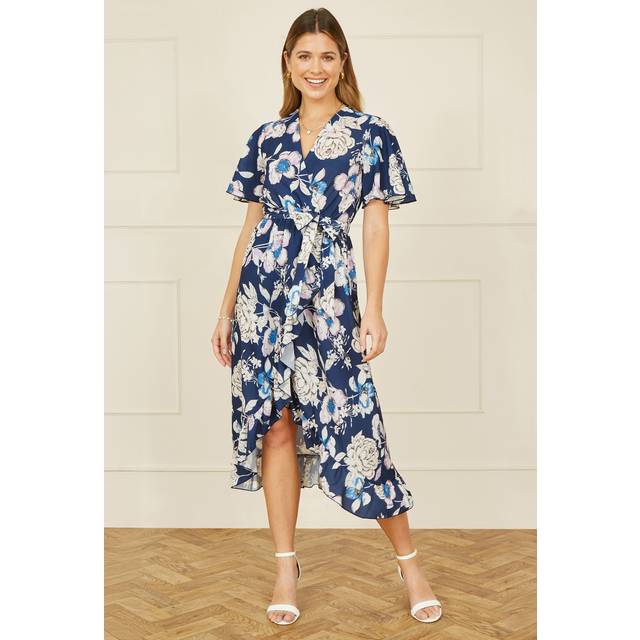 Yumi Navy Floral Midi Wrap Dress - Size 24 UK - Yumi