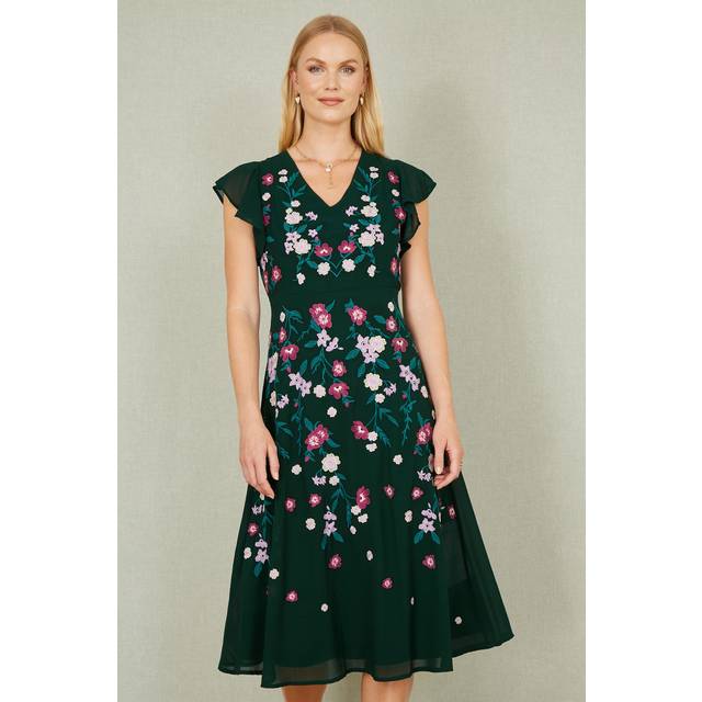 Yumi Floral Embroidered Skater Midi Dress, Green
