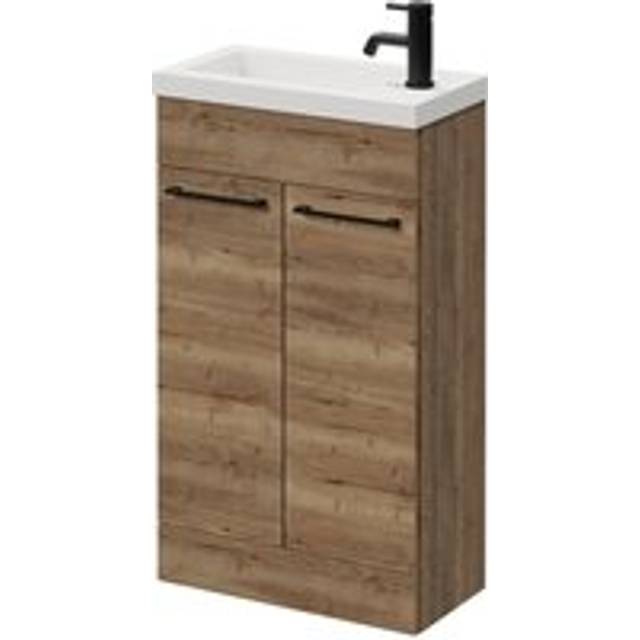 Napoli Slimline Floor Standing Vanity Unit with 1 Tap Hole Basin and 2 Doors with Matt Black Handles | Tobacco Oak | MDP | 500mm
