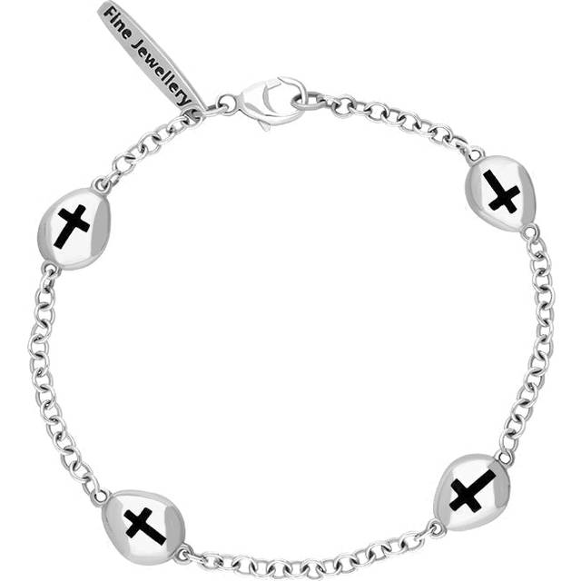 Sterling Silver Whitby Jet Oval Cross Detail Four Stone Bracelet