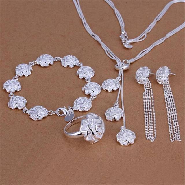 (Silver, 7) New Romantic Rose Flower S925 Sterling Silver Rings Bracelets Necklaces Stud Earrings Jewelry Set for Women Fashion Party Gifts
