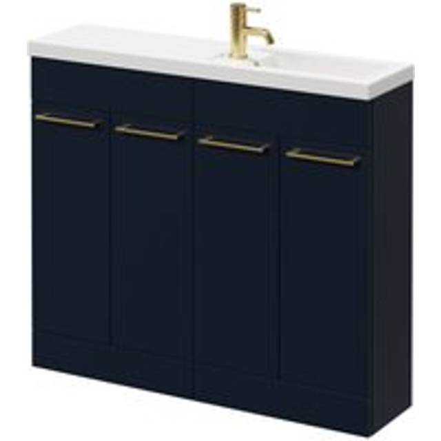 Napoli Combination Floor Standing Vanity Unit with Slimline 1 Tap Hole Basin and 4 Doors with Brushed Brass Handles | Deep Blue | MDP | 1000mm