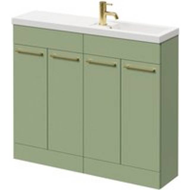 Napoli Combination Floor Standing Vanity Unit with Slimline 1 Tap Hole Basin and 4 Doors with Brushed Brass Handles | Olive Green | MDP | 1000mm