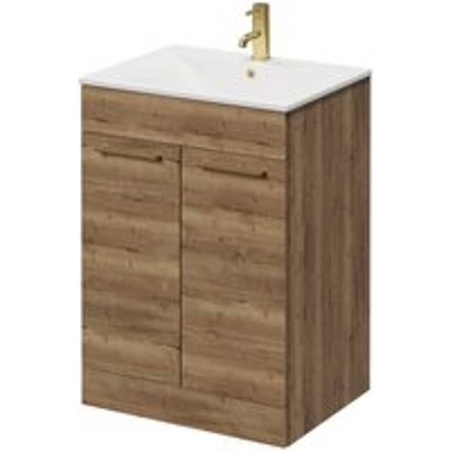 Napoli Floor Standing Vanity Unit with 1 Tap Hole Minimalist Basin and 2 Doors with Brushed Brass Handles | Tobacco Oak | MDP | 600mm