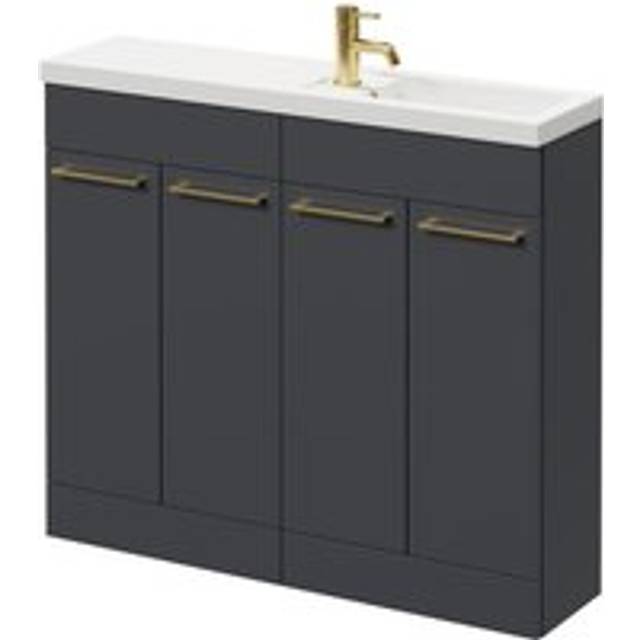 Napoli Combination Floor Standing Vanity Unit with Slimline 1 Tap Hole Basin and 4 Doors with Brushed Brass Handles | Gloss Grey | MDP | 1000mm