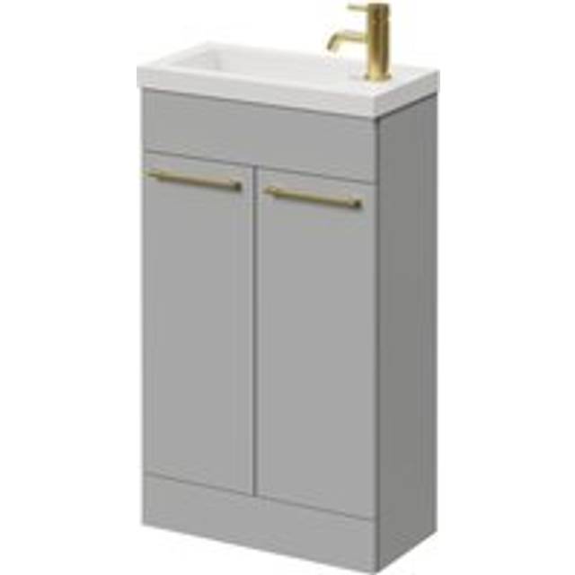 Napoli Slimline Floor Standing 2 Door Vanity Unit with Basin and Brushed Brass Handles | Gloss Grey Pearl | MDP | 500mm