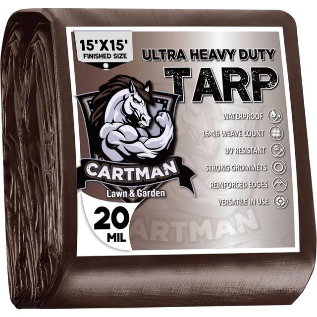 CARTMAN Finished Size 15x15 Feet Extra Thick 20 Mil Brown Ultra Heavy Duty Poly Tarp  Multipurpose Protective Cover  UV Resistant  Waterproof Poly Tar