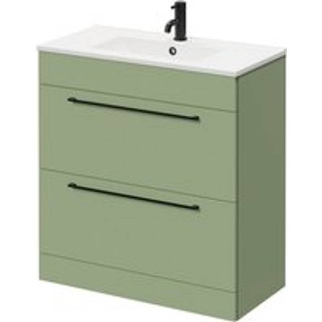 Napoli Floor Standing Vanity Unit with 1 Tap Hole Minimalist Basin and 2 Drawers with Matt Black Handles | Olive Green | MFC | 800mm
