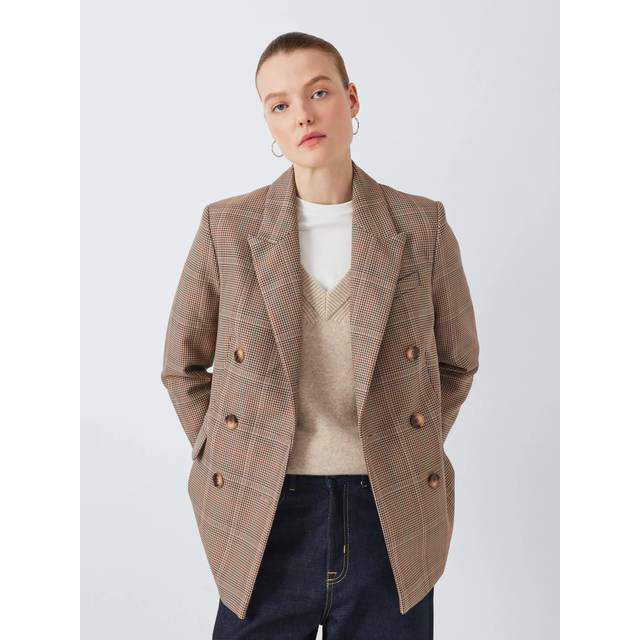 John Lewis Check Double Breasted Blazer, Natural Check