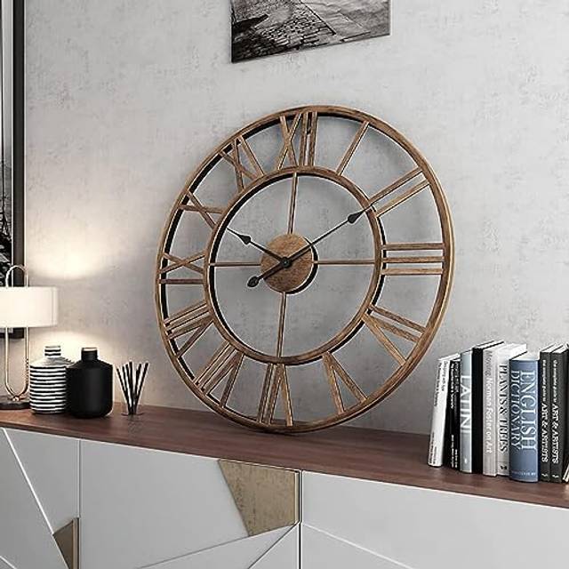 GUDEMAY Stor Vintage Väggklocka XXL 50 cm Diameter - Retro Lantlig Stil, Tyst, Romerska Siffror, Tyst Utan Tickande Ljud Metall Dekorativ Väggklocka för Vardagsrum, Kök, Sovrum – Guld