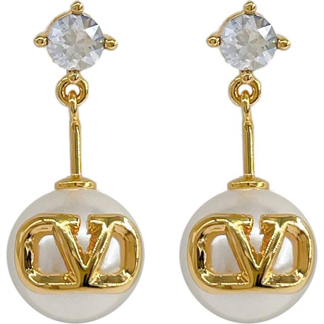 Valentino V Logo Signature Metal Crystal Resin Pearl Stud Earrings 5W2J0W80 HJY Y49 Gold/Cream/Clear [Item]