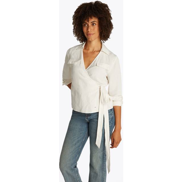 Relaxed Fit Linen Blend Wrap Blouse