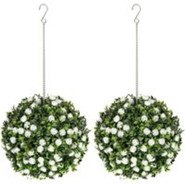 HOMCOM Set of 2 Artificial Plant Topiary Rose Balls - Faux Plants - White | TJ Hughes