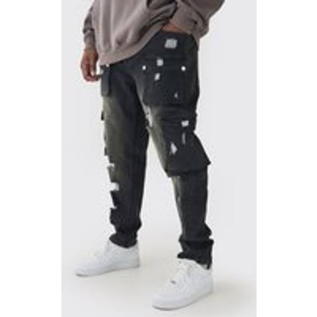 Plus Skinny Fit Ripped Cargo Jeans - Black - 40