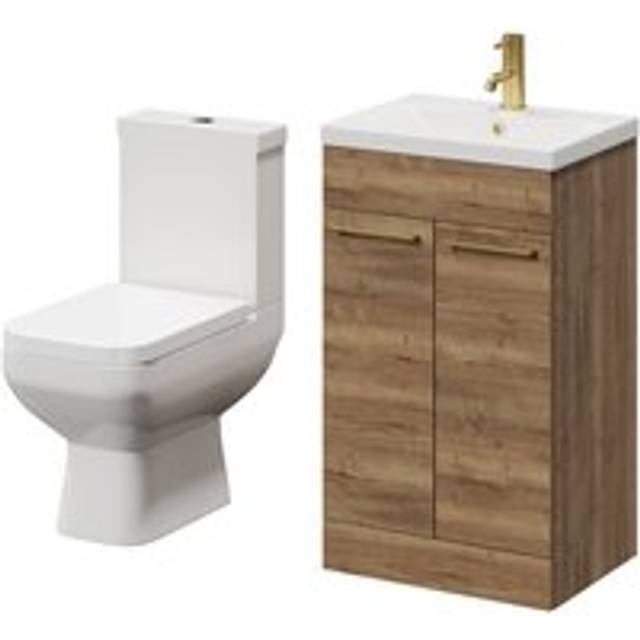 Wholesale Domestic Turin Floor Standing Vanity Unit and Toilet Suite with 1 Tap Hole Glide Basin and 2 Doors with Brushed Brass Handles | Tobacco Oak | ABS Polished Chrome | 500mm