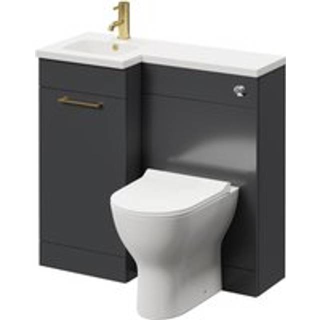 Napoli Combination Vanity Unit Toilet Suite with Left Hand L Shaped 1 Tap Hole Round Basin and Single Door with Brushed Brass Handle | Gloss Grey | Plastic | 900mm