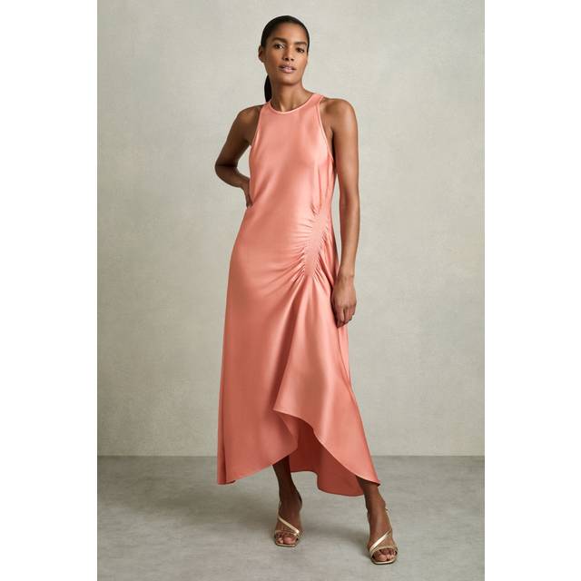 Reiss Petite Anessa Satin Ruched Sleeveless Midi Dress, Coral