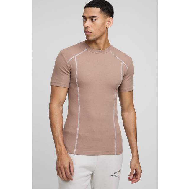 Muscle Fit Rib Contrast Stitch T-Shirt - Brown - XL
