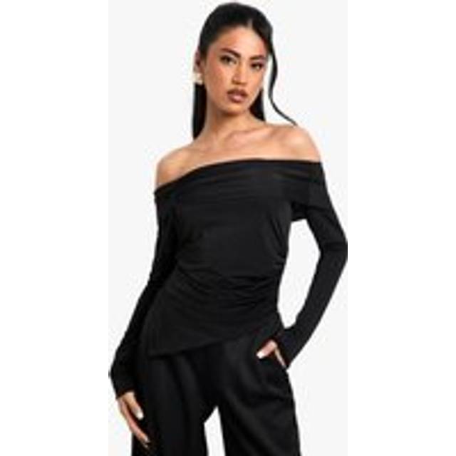 Womens Slinky Bardot Ruched Front Long Sleeve Top - Black - 14